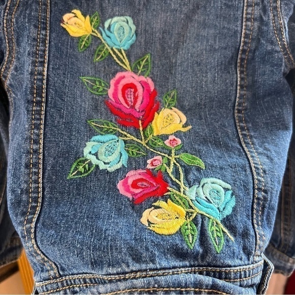 Mim-Pi: Multicolored Back Floral Embroidered Button Up Jean Denim Jacket Size 4Y - Picture 2 of 10